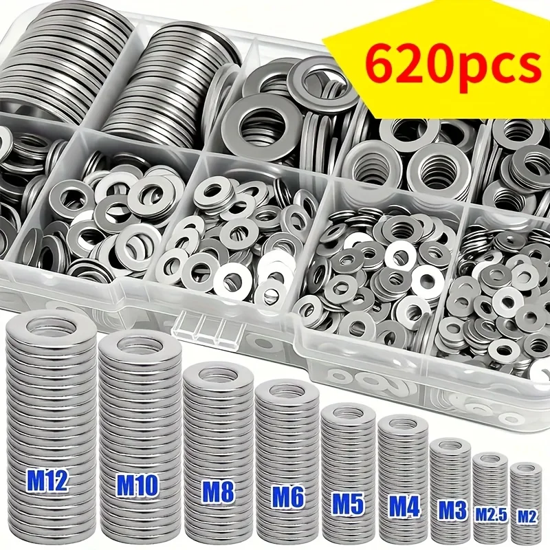 620Pcs Stainless Steel Flat Washer Assortment Kit (M2-M12) - Suitable for Home Decorations& Factory Repairs