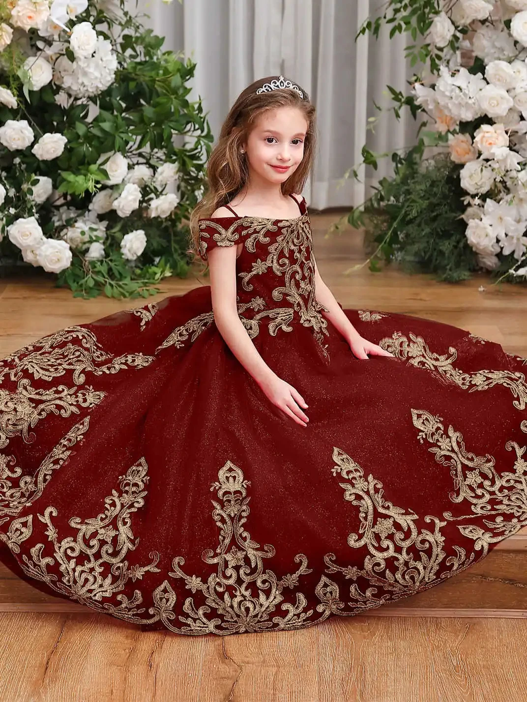 

Customized Red Flower Girl Dress For Wedding Appliques Short Sleeve Floor Length Elegant Kids Birthday First Communion Gown