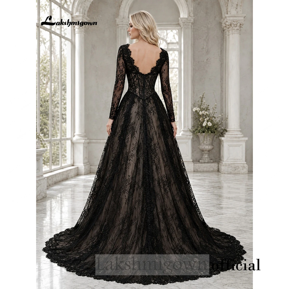 Lakshmigown Sweetheart Schwarzes Spitzen-Gothic-Hochzeitskleid mit langen Ärmeln, Korsett-Mieder, A-Linie, Nude-Futter, Brautkleid nach Maß – Detail 6
