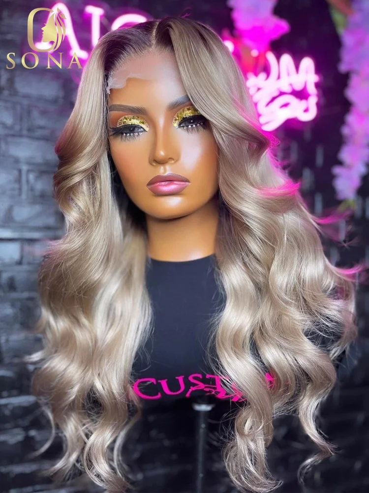 

Ash Blonde Lace Frontal Wig Dark Roots Ombre Honey Blonde 13x6 Transparent Lace Front Wigs for Women Human Hair 32 34 inch 60#