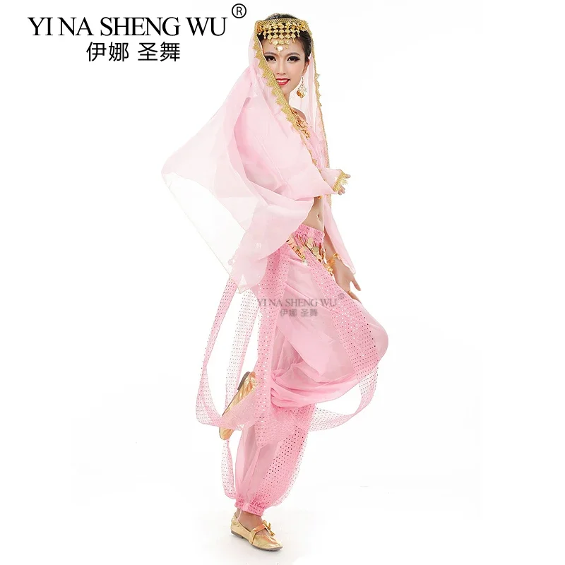 Conjunto de 3 peças de dança da índia, traje de performance de dança do ventre, chiffon, cobre, gong, lanterna, calças, manga curta, top, trajes de dança oriental