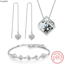 Fanqieliu Jewelry Sets Woman 925 Sterling Silver Drop Earrings Square Crystal Pendant Necklace Chain Bracelet FQL22090