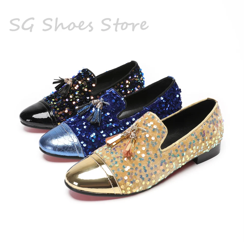 Bling Sequined Splicing Tassel Leather Shoes for Men Round Toe Chunky Heel Shallow Loafers Fashion Male Dance Party Dress Shoes