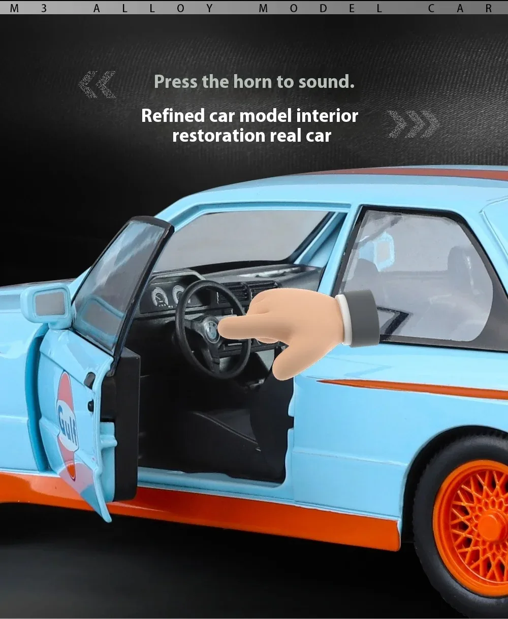 1:24 M3 E30 1987, Modellauto aus Metall, mit Sound- und Lichteffekten, Rückziehfunktion, Kinderspielzeug, Sammlerstück, Geburtstagsgeschenk. – Detail 6