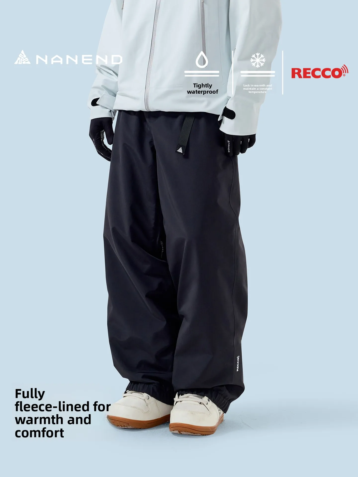 Nanend ski pants men's and women's loose RECCO snowboard snow pants fleece warm waterproof breathable