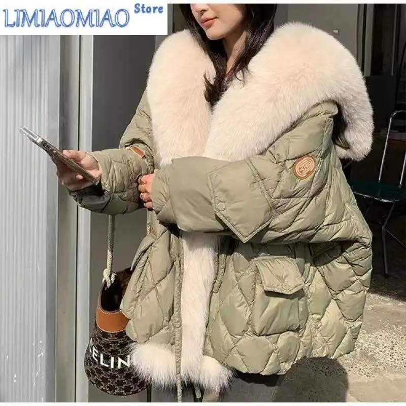 

Роскошная брендовая зимняя женская куртка с большим воротником из искусственного лисьего меха, пушистая свободная куртка-пуховик, парки, ветрозащитное пальто, зимняя верхняя одежда, теплая
