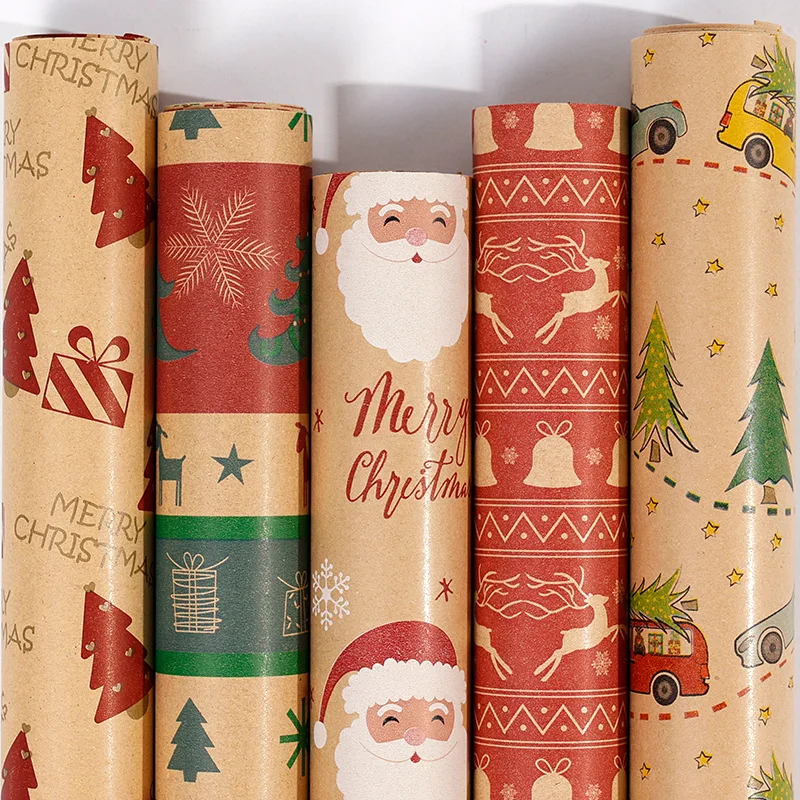 5Roll 45cmx300cm Christmas Kraft Wrapping Paper Red Snowflake Santa Hat Gift Wrap Holiday Xmas Party Decor