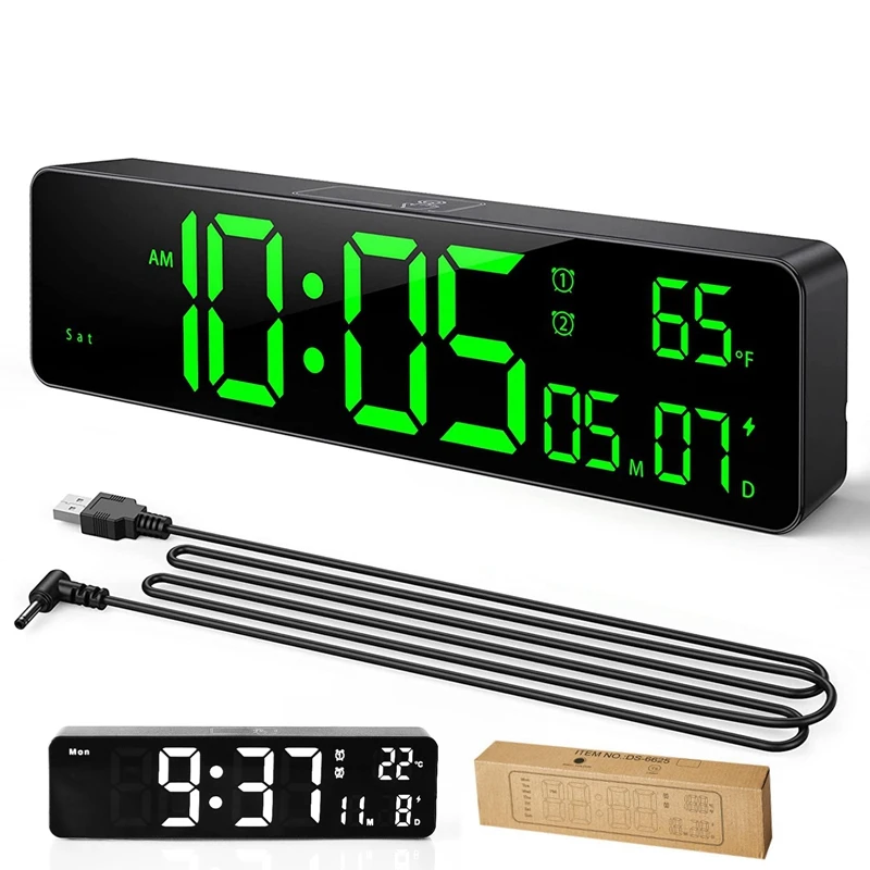 10Inch LED Digital Wall Clock Smart Brightness Touch Control Time Date Indoor Temperature 2 Alarm Clocks Snooze Large Desk Clock