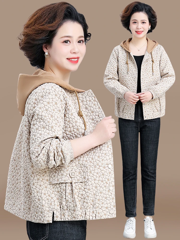 

Осенняя модная верхняя одежда: повседневная куртка с капюшоном для женщин среднего и старшего возраста, укороченный кардиган из смесового полиэстера