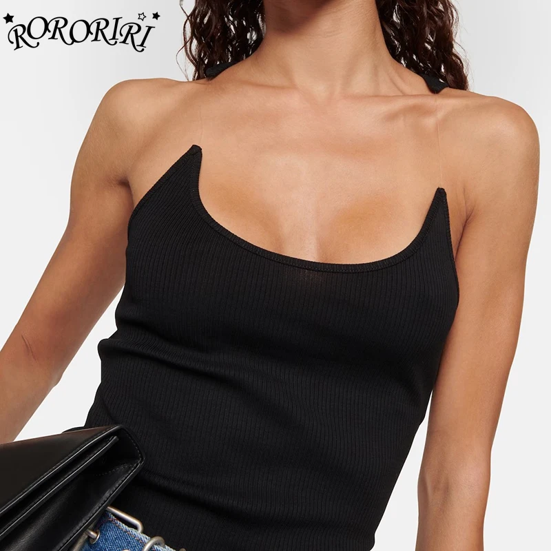 

RORORIRI Solid Black Invisible Strap Camisole Women Casual Built-in Bra Rib Knit Top Racerback Sleeveless Vest Korean Streetwear