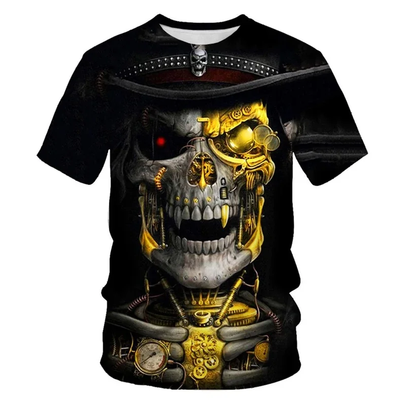 Trendy Men 3D Gothic Skull T-shirt Horror Printed Party Street Round Neck Short Sleeve Casual Eye catching Top