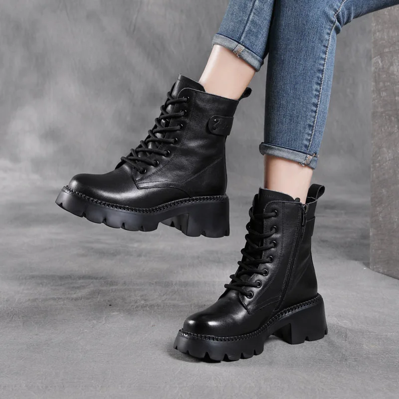 New Arrival Hot Sale Washed First Layer Cowhide Thick Heel High Heel Martin  Fleece-Lined Cotton  Leather Casual Platform Ankle