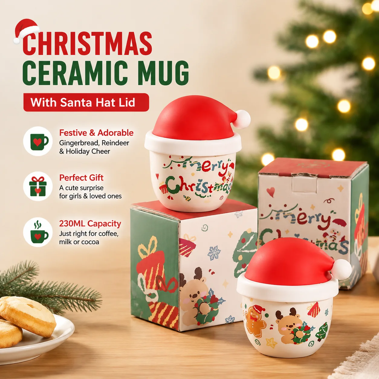 Christmas Ceramic Mug with Santa Hat Lid, 230ML Holiday Coffee Cup with Gingerbread Man & Reindeer Design, Cute Gift for Girls,