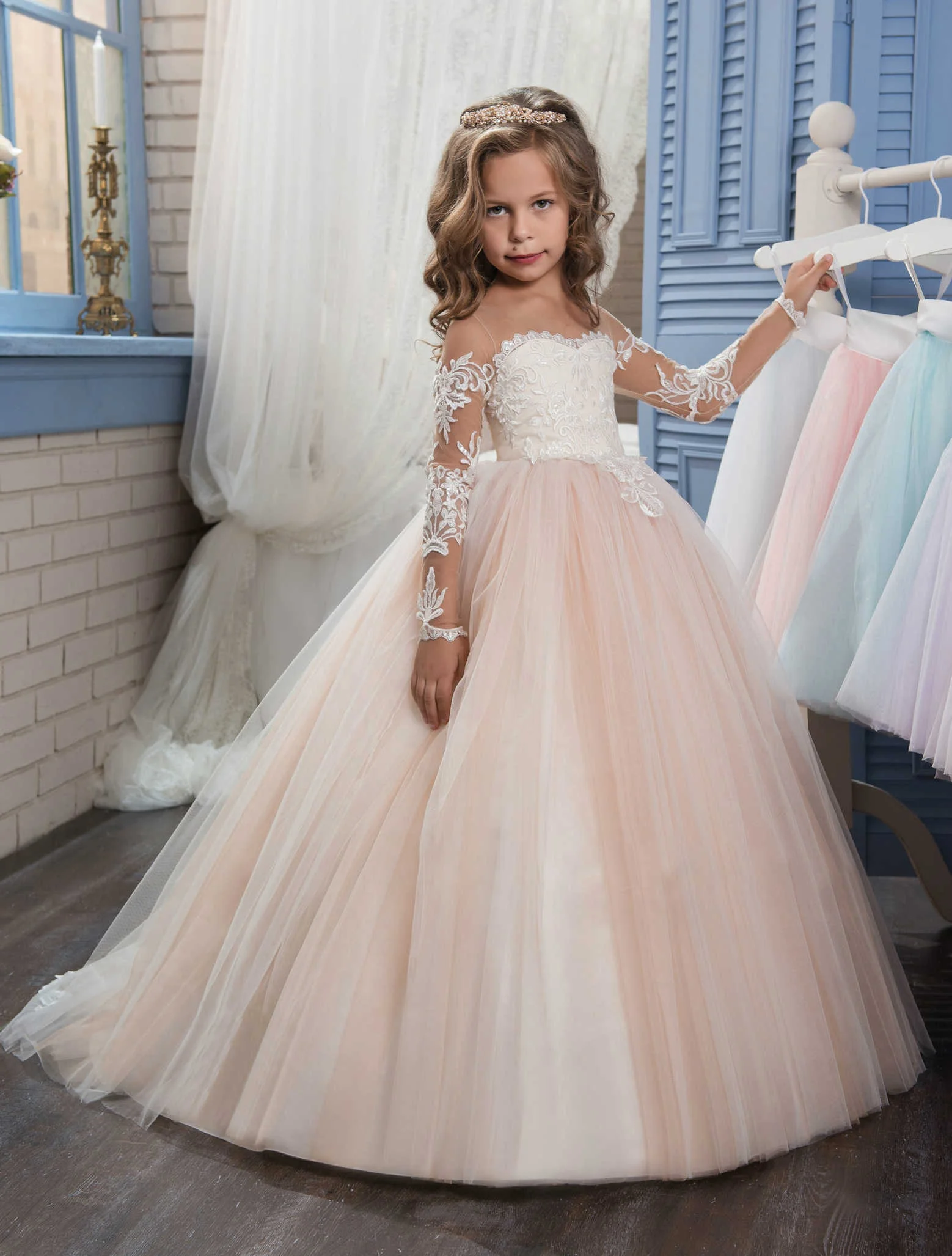 

Lace Embroidery Sheer Long Sleeves Kids Trailing Gowns