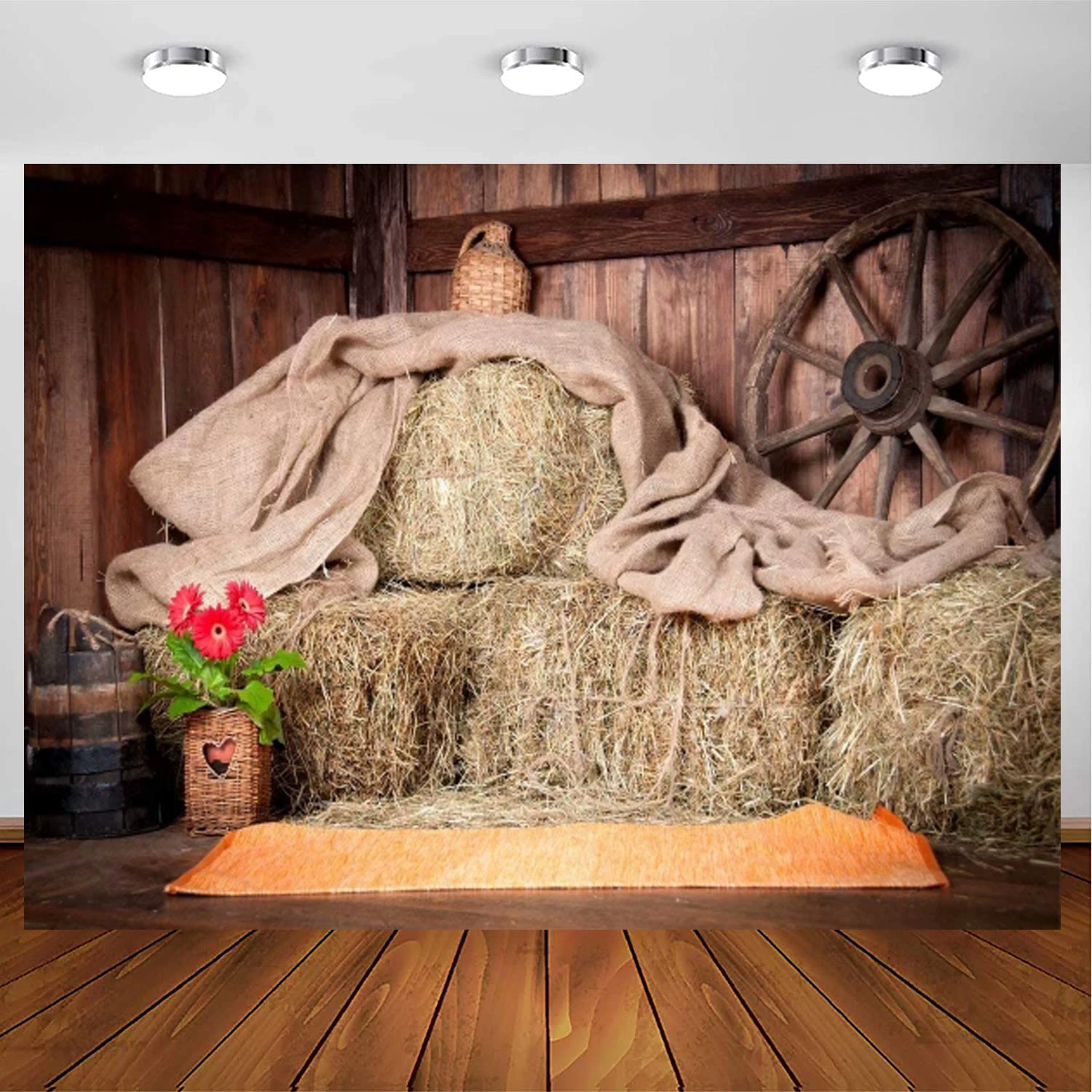 

Farm Phtography Backdrop Interior Old Barn with Wheel Hay Bucket Country Scene For Birthday Party Decor Kids Photo Background