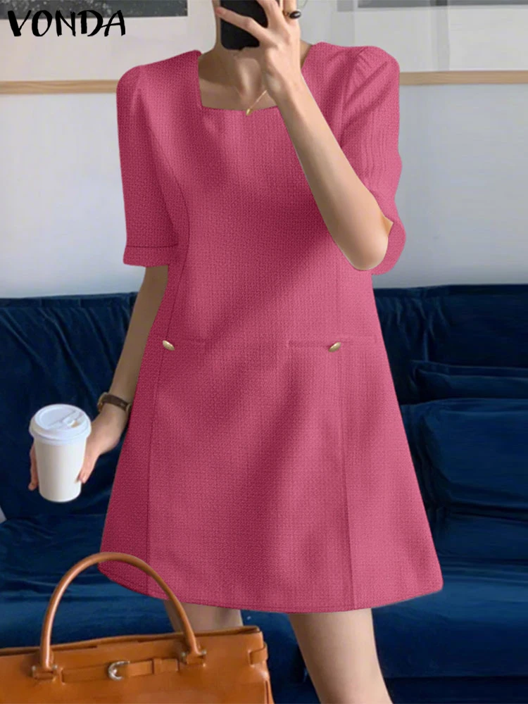 

VONDA Elegant Office Lady Dresses Women Fashion Party Mini Vestidos 2025 Summer Short Sleeve Square Collar Solid OL Sundress