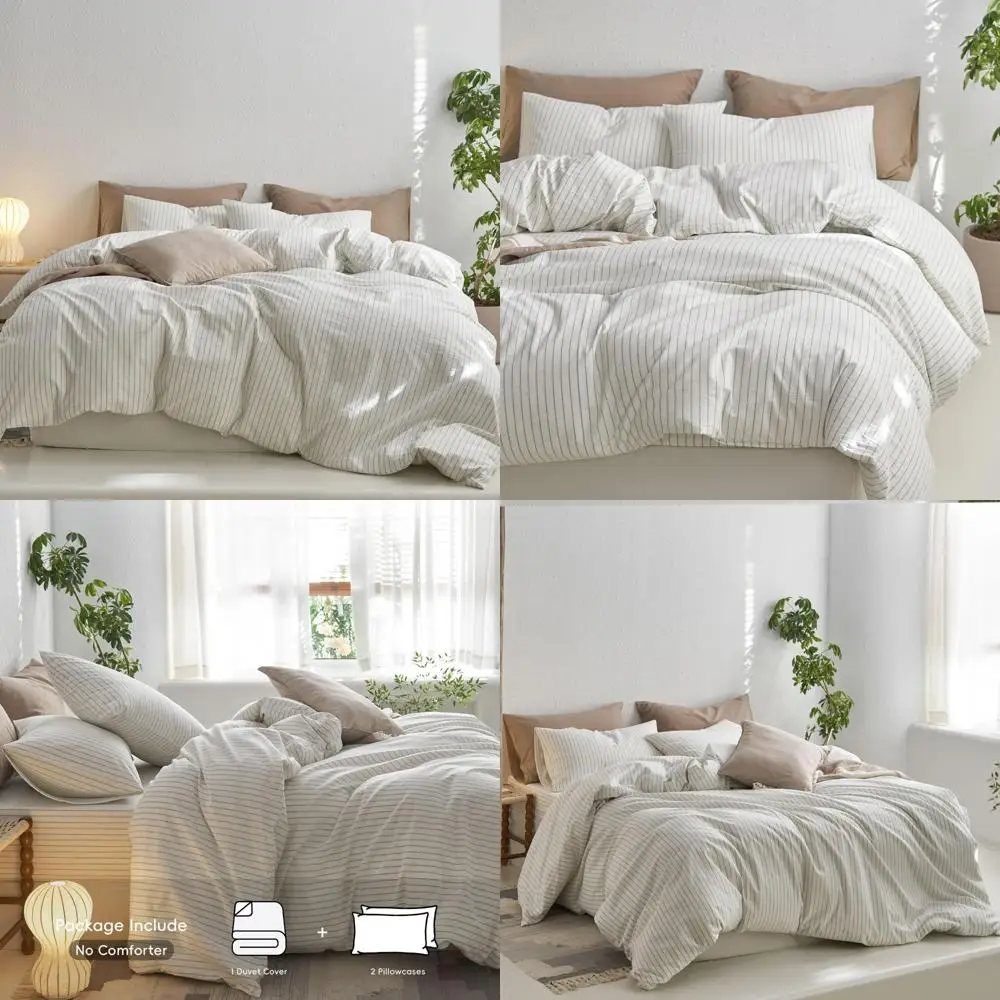 

100% Cotton Washed Linen Texture Duvet Cover Set - Breathable, Durable, Soft, Comfy - White Sage Green Stripes, Wide Stripes Lon