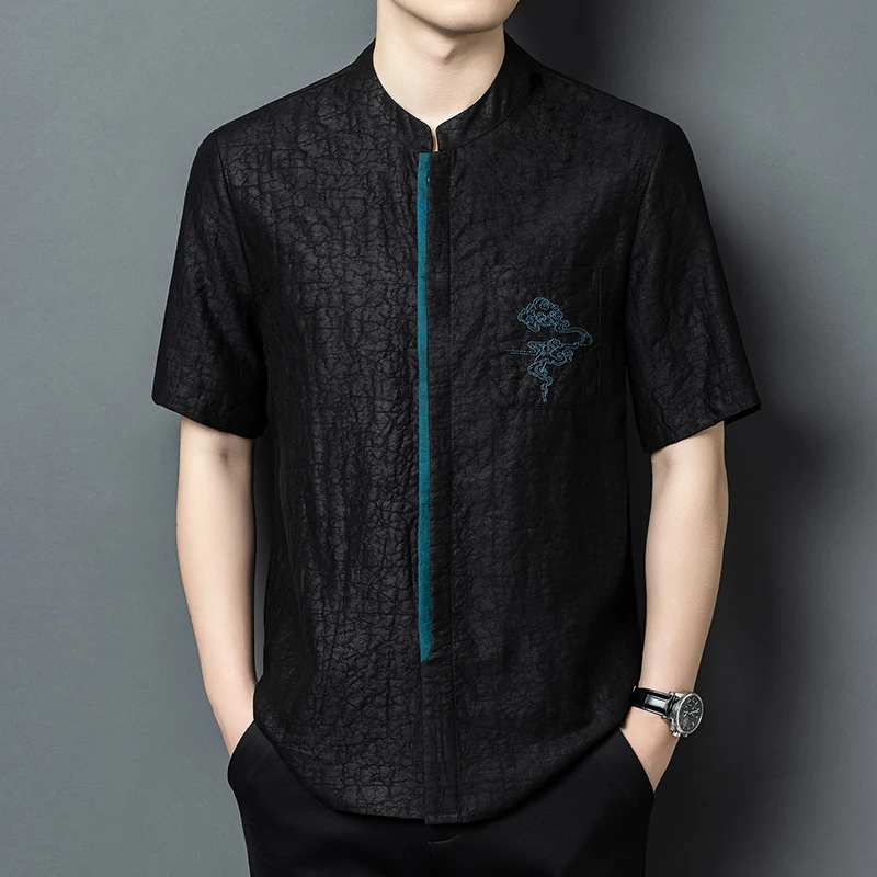 Covered Button Embroidery Shirts For Men Short Sleeve Coolness Summer High-Quality Real Silk 100% Tang Costume Camisas De Hombre