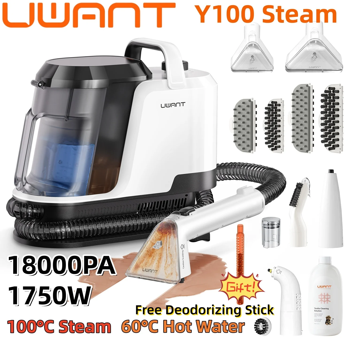 Uwant Y100 Steam 18000Pa Carpet Cleaner 1750W 100°C Steam 60°C Hot