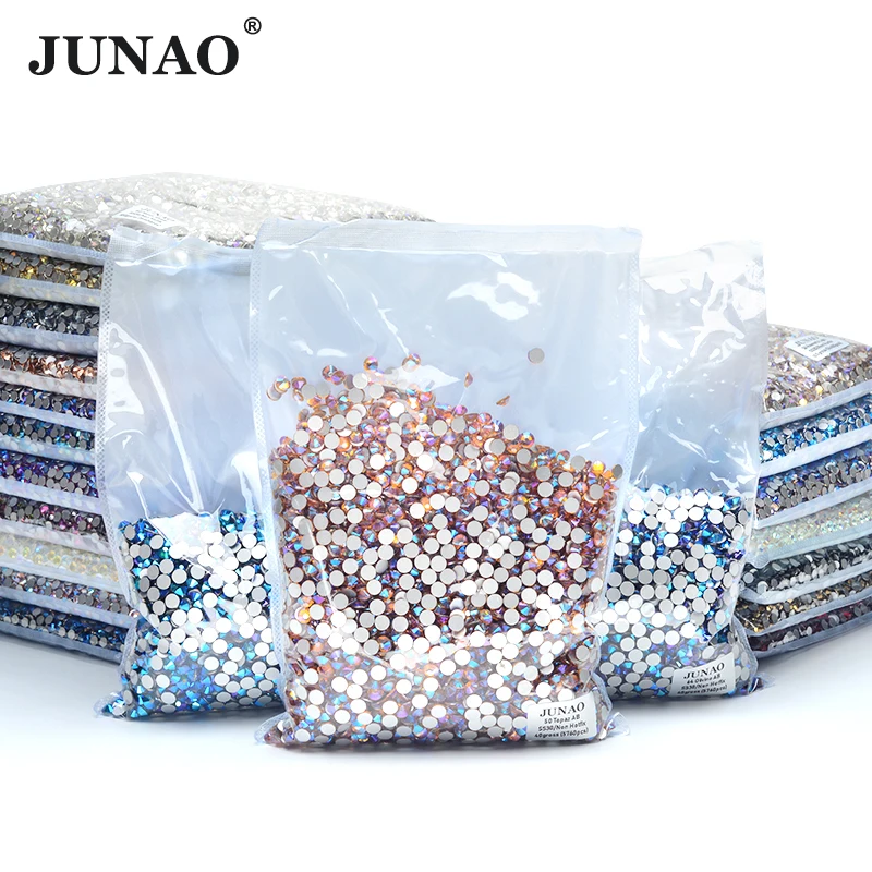 JUNAO Wholesale 100Gross 14400pc SS6 8 10 12 16 20 30 Flatback AB Crystal Glass Rhinestone Non Hotfix Strass For Nail Decoration