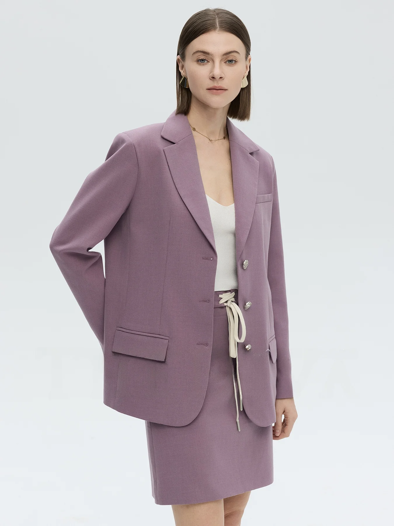 

Новый комплект: фиолетовый шерстяной костюм с юбкой для женщин, прямой крой, для офиса, весна-лето, комфортный, длинный рукав