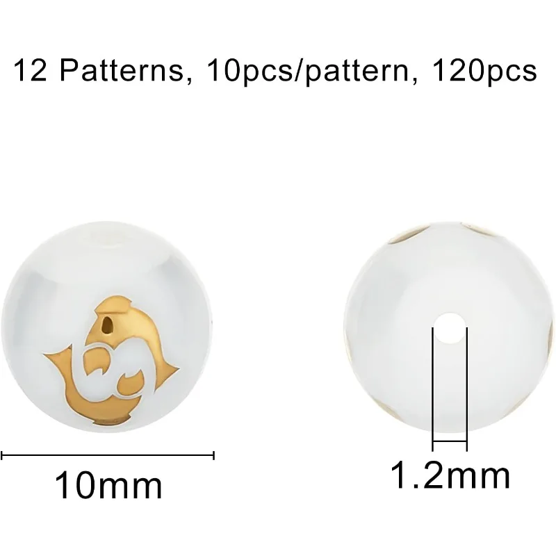 120Pcs Constellations Glass Beads Zodiac Sign Connectors Bead 12 Styles Golden Plated Round Charms Accessories for Women