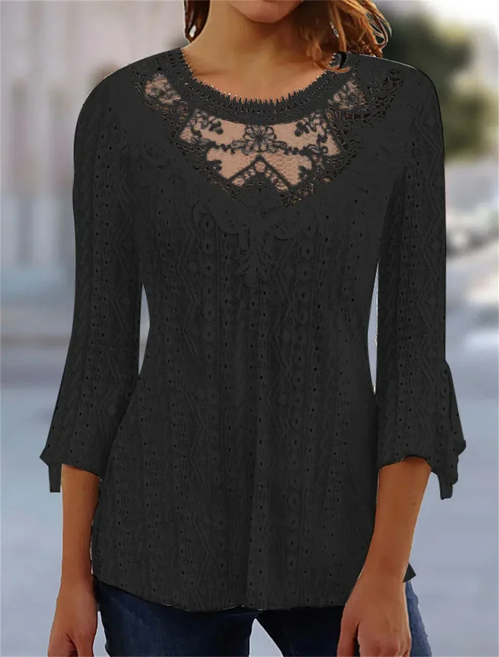 New Arrival Women's Comfortable Casual Skeleton See-through Lace Splicing Seven-minute Sleeve Blouse Ladies Clothes Daily Shirts