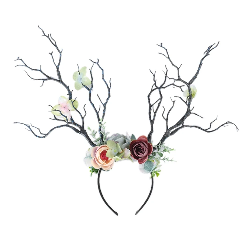 Floral Elk Horn Headband Deer Antlers Headband Floral Headwear Festival Travelling Photo Props for Women