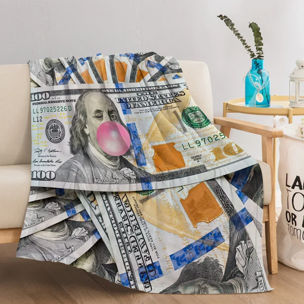 Cute Franklin Wink pink Bubble Gum One Hundred Dollar Bill Pattern Warm Comfortable Sofa Sofa Bed Soft Blanket