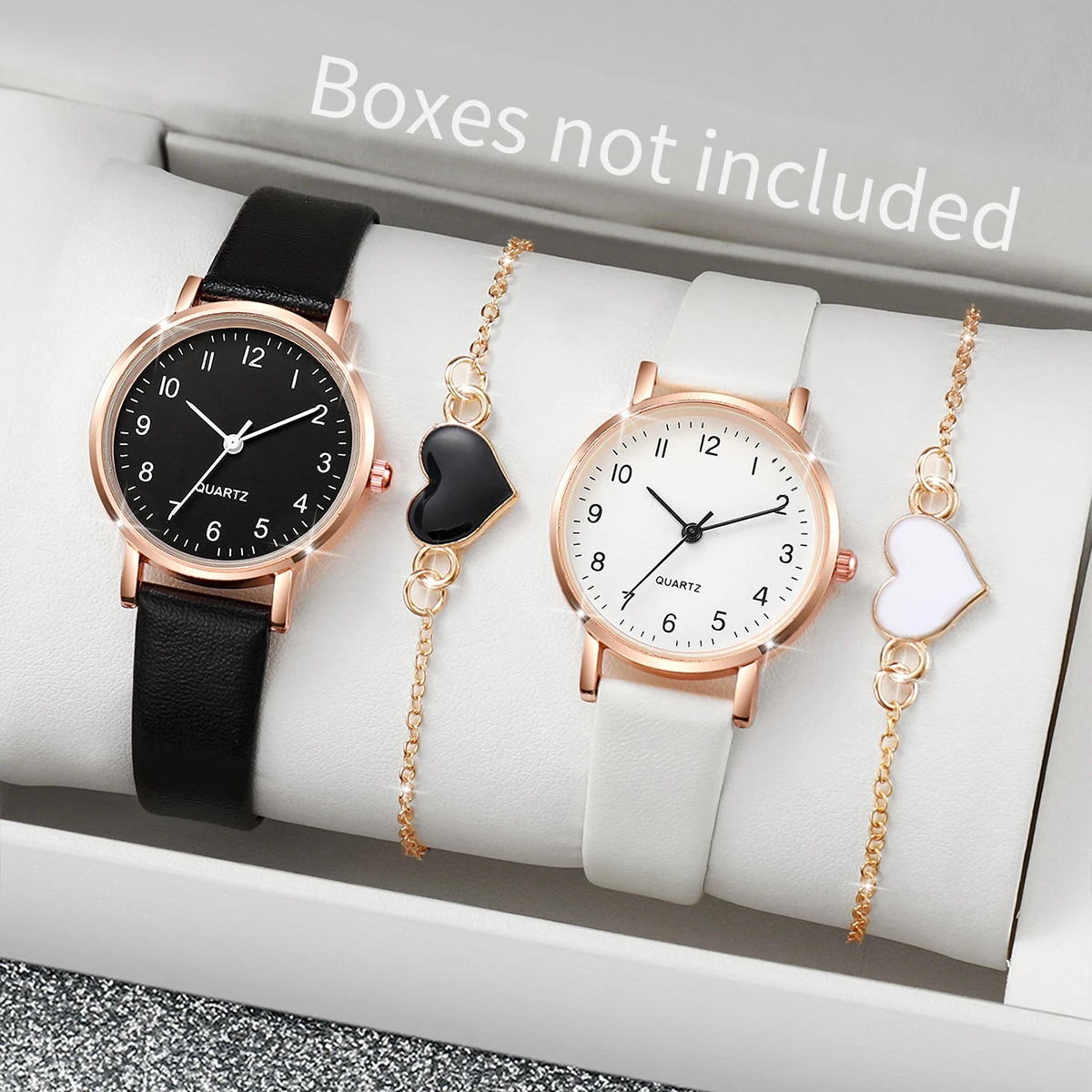 4PCS/Set Fashion Small Arabic Dial Women\'s Quartz Watch Leather Band Wrist Watches Heart Bracelets Set(Without Box)