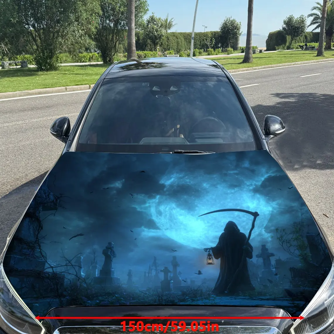 Silent Night Cemetery Grim Reaper Pattern car hood stickers, waterproof self-adhesive, scratch resistant, easy to stick, durable