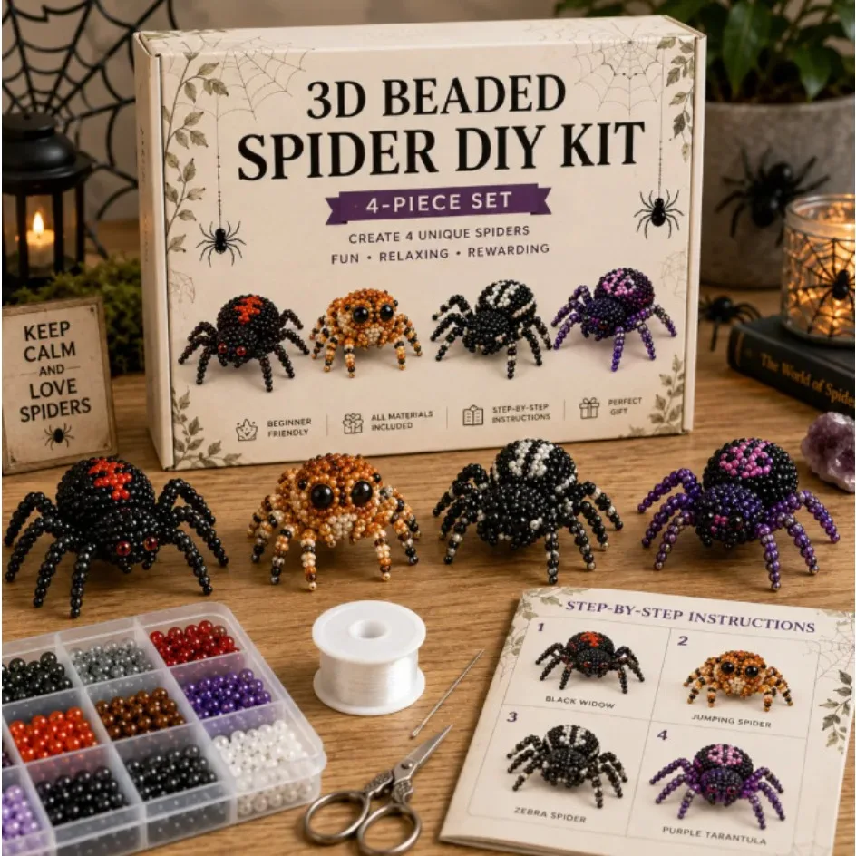 4 Styles Halloween 3D Spider Bead DIY Kit, Complete Beading Tools & Illustrated Instruction Book,Creepy Insect Figurine Ornament