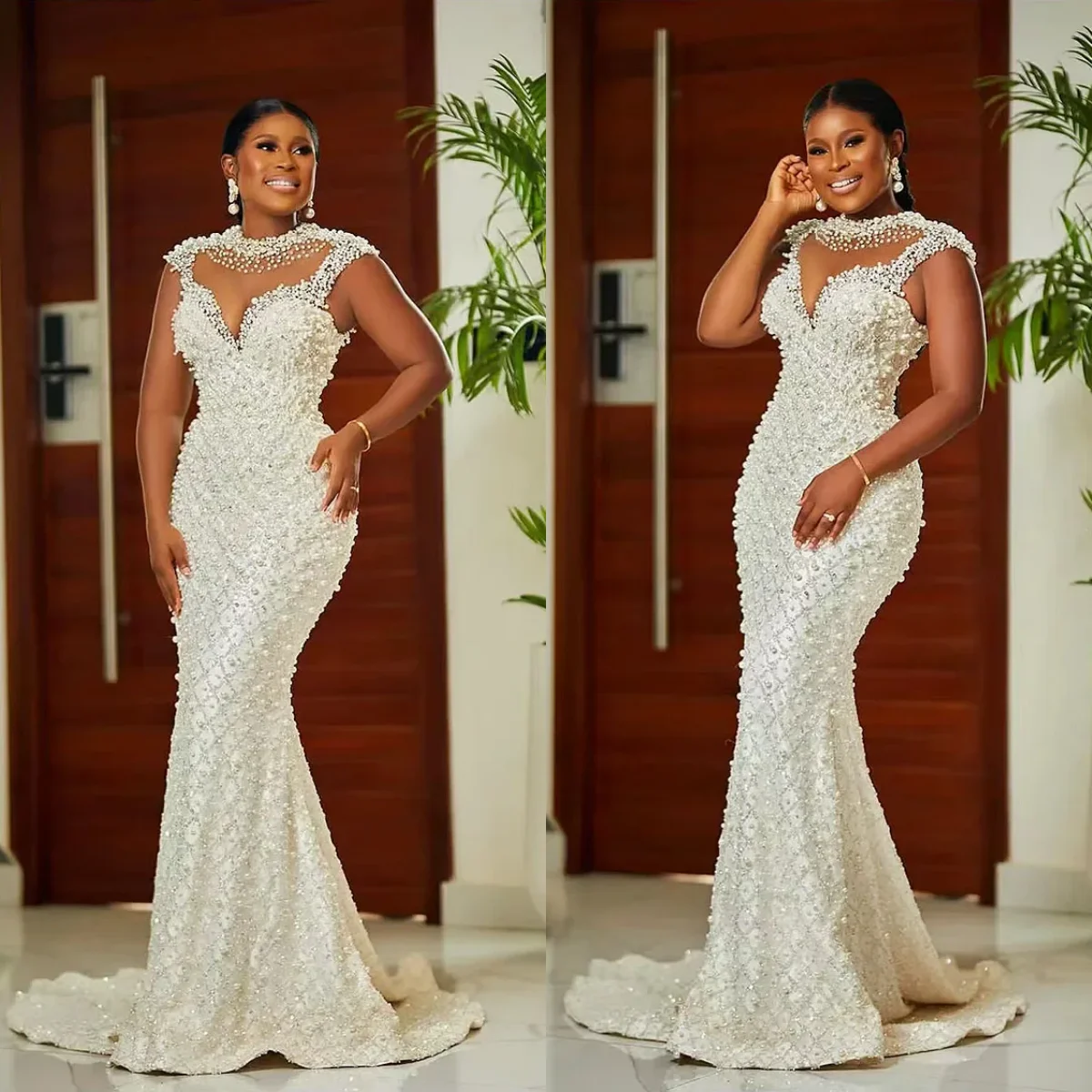 Arab Luxury Beaded Mermaid Wedding Dress Elegant Pearl Sleeveless  Bride Dress Wedding Party Dress Customized