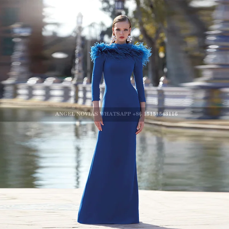 

Muslim Long Sleeves Blue Mother of the Bride Dresses Feather Wedding Guest Dress Vestidos De Fiestas فساتين للمناسبات الخاصة