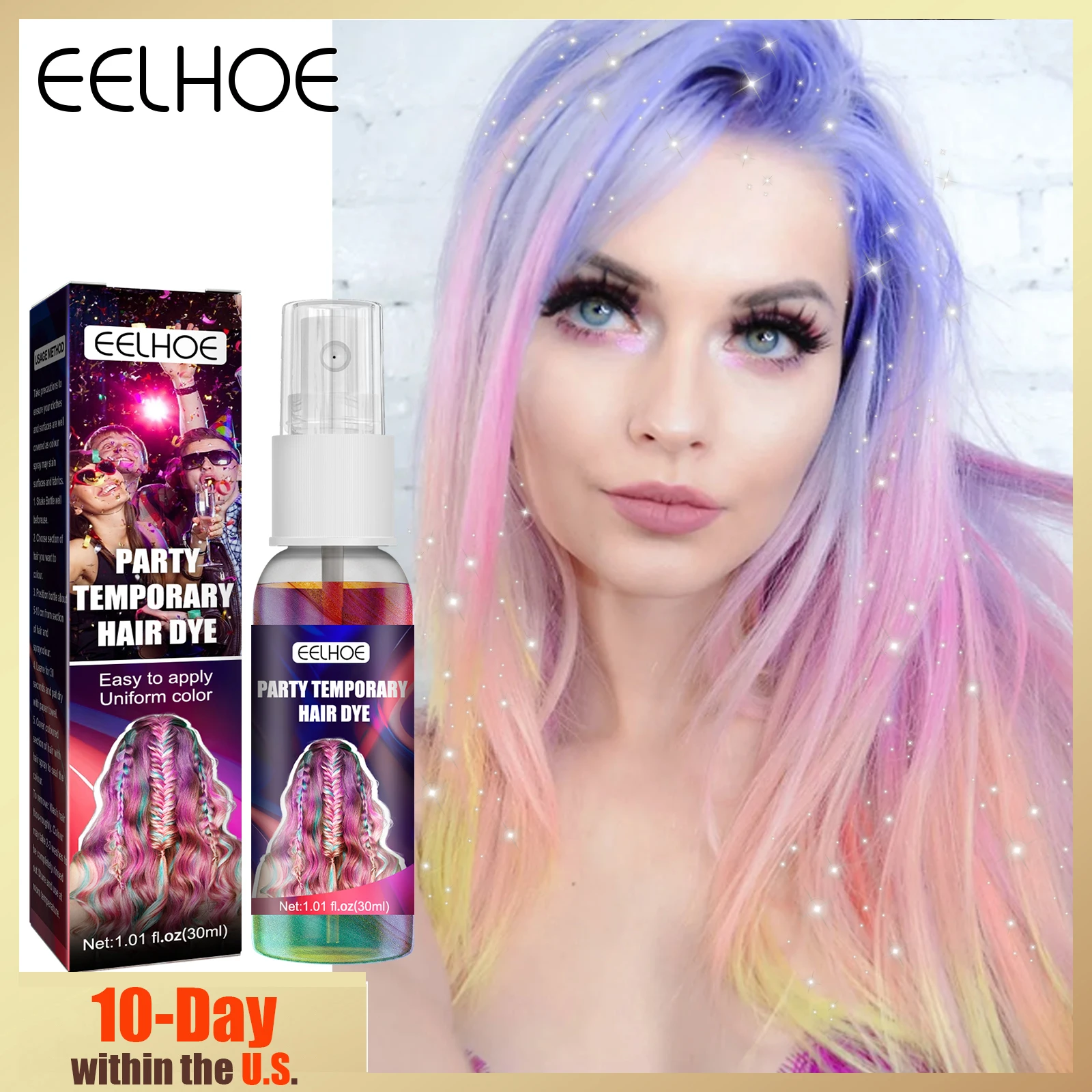 

EELHOE 30ML Party Hair Glitter Spray Temporary Colorful Instant Shine Quick-Dry Easy Color Application Non-Damaging Formula