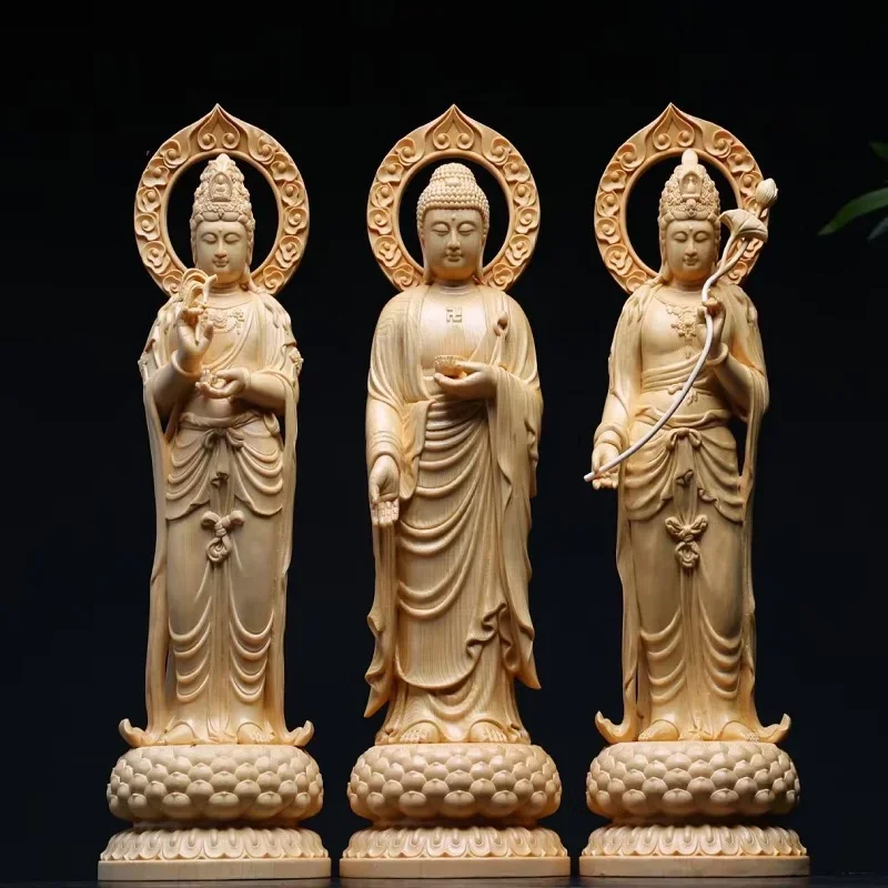 Wood Carved Western Three Saints - Avalokiteshvara, Amitabha, and Mahasthamaprapta Figurine, Home and Temple Decor, Height 36cm