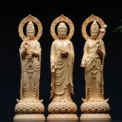 Conjunto de 3 estátuas dos Três Santos Ocidentais (Avalokiteshvara, Amitabha, Mahasthamaprata), esculpidas à mão em madeira. Figurinas para casa, templo.