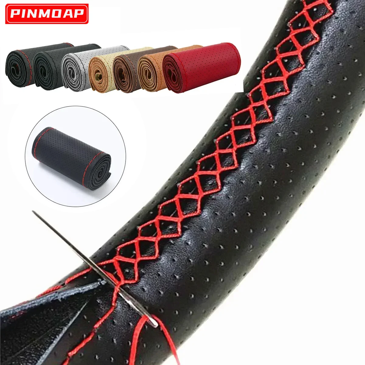 Universal 38 cm Auto Lenkrad Stich Auf Wrap Abdeckung DIY Nähen Atmungsaktiv und Anti Slip Schwarz Rot Loch Glatt