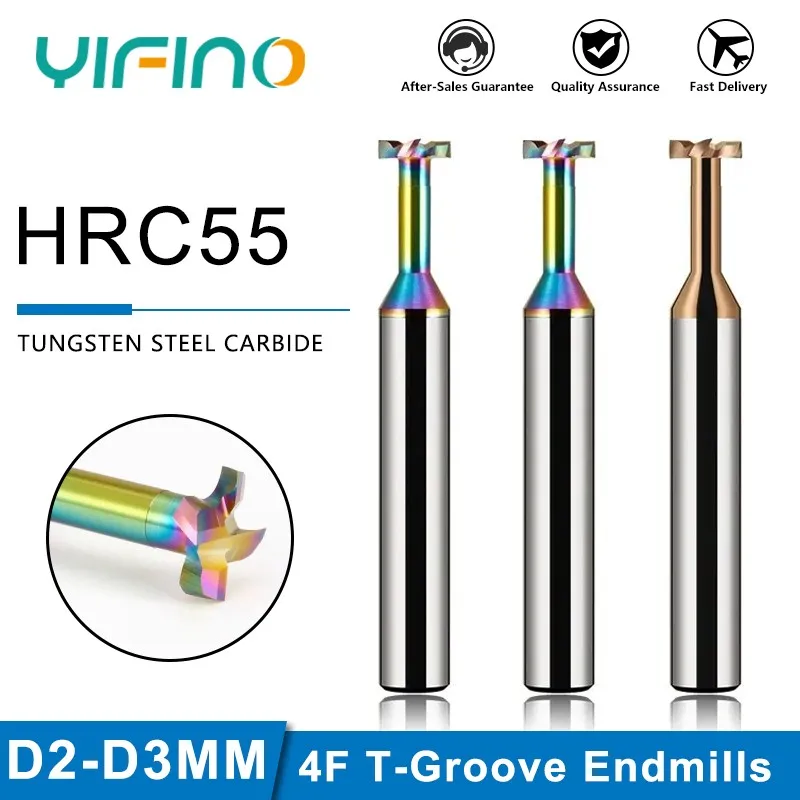 YIFINO HRC55 4-Flute Tungsten Steel Carbide Milling Cutter Colourful Coating T-Groove Endmills For CNC Mechanical End Mill Tools