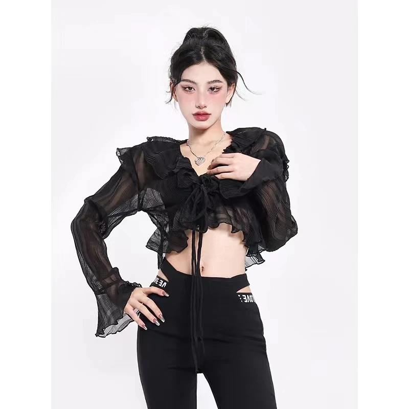 

Crop Tops Blouse for Women Fashion Chiffon See Throught Shirts 2023 Blusas Mujer De Moda Flare Sleeve Bandage Lace Sexy Blouses