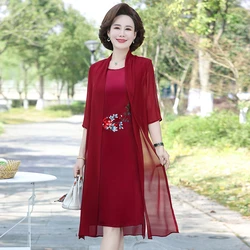 Summer chiffon embroidery 2 Piece Set Dress Cardigan Women XL- 5XL elegant Party Midi Dresses Elegant Vintage Robe Female