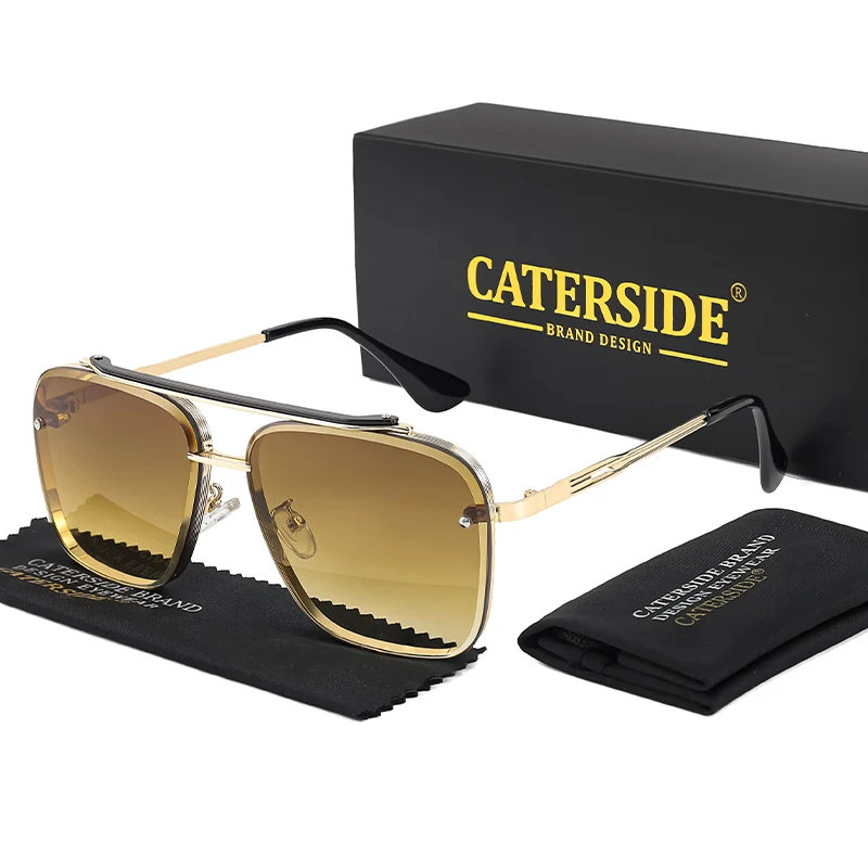 CATERSIDE Retro-Sonnenbrille mit großem Metallrahmen für Herren, flache Oberseite, Doppelbrücke, hochwertige Sonnenbrille für Damen, Party- und Festival-Brillen – Detail 9