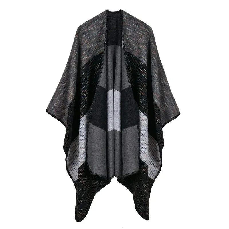 European Thickened Autumn Winter Rainbow Wide Strip Dual-purpose Shawl Warm Imitation Cashmere Shawl Cape Ponchos Black