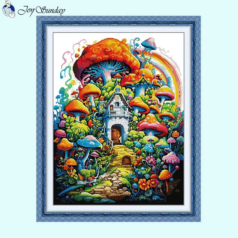 Mushroom House Scenic Art Pattern Cross Stitch Set Aida 14CT 16CT 11CT White Canvas Printed Fabric Needlework Embroidery Kits