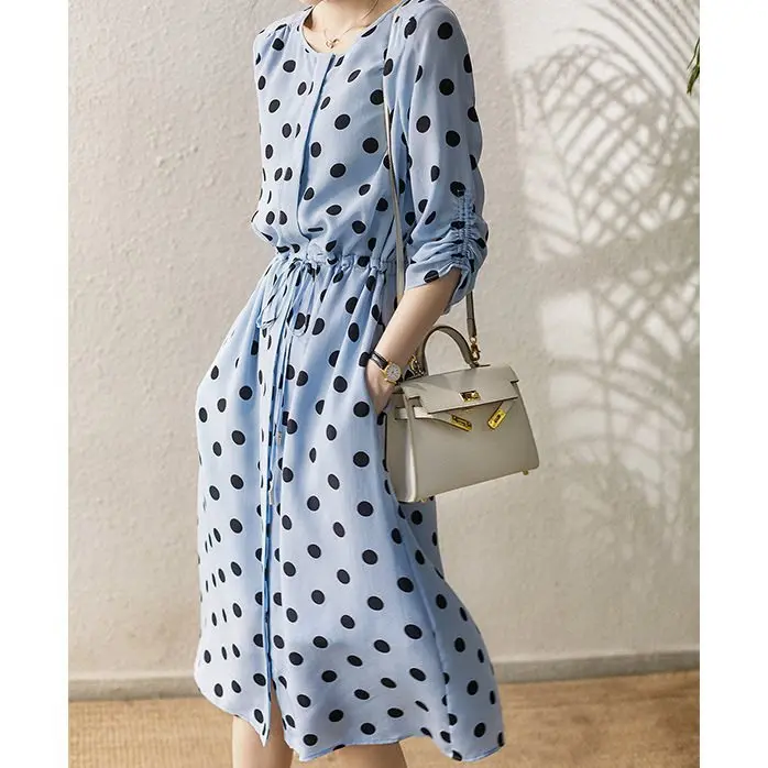 French Polka Dot Versatile Mulberry Silk Dress for Women, High Sense, Medium and Long Skirt, Summer, Green, Temperament