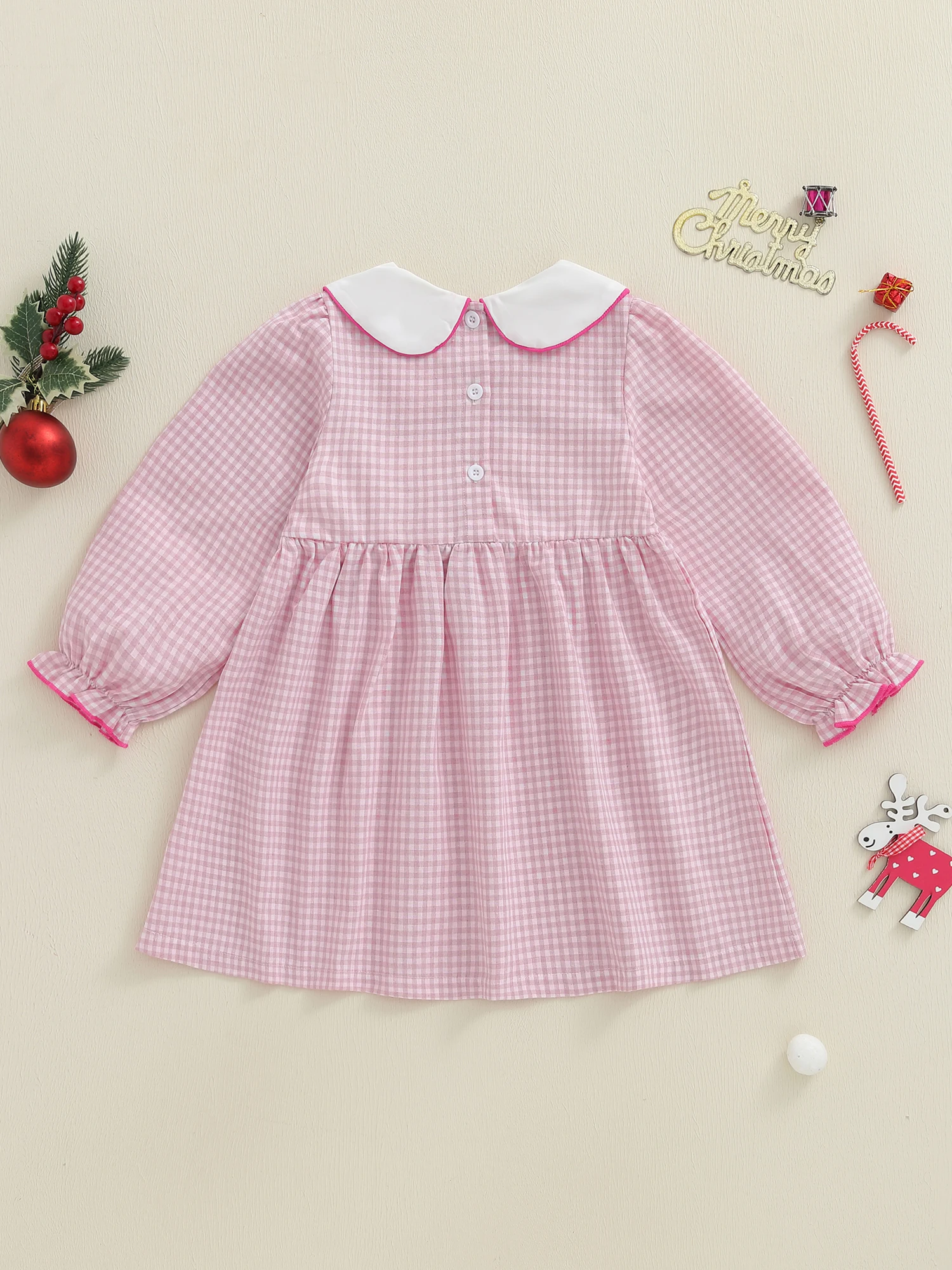 Gaun Kotak-kotak Tartan untuk Bayi Perempuan dengan Bordir Gingerbread yang Meriah dan Kerah Peter Pan untuk Perayaan Natal