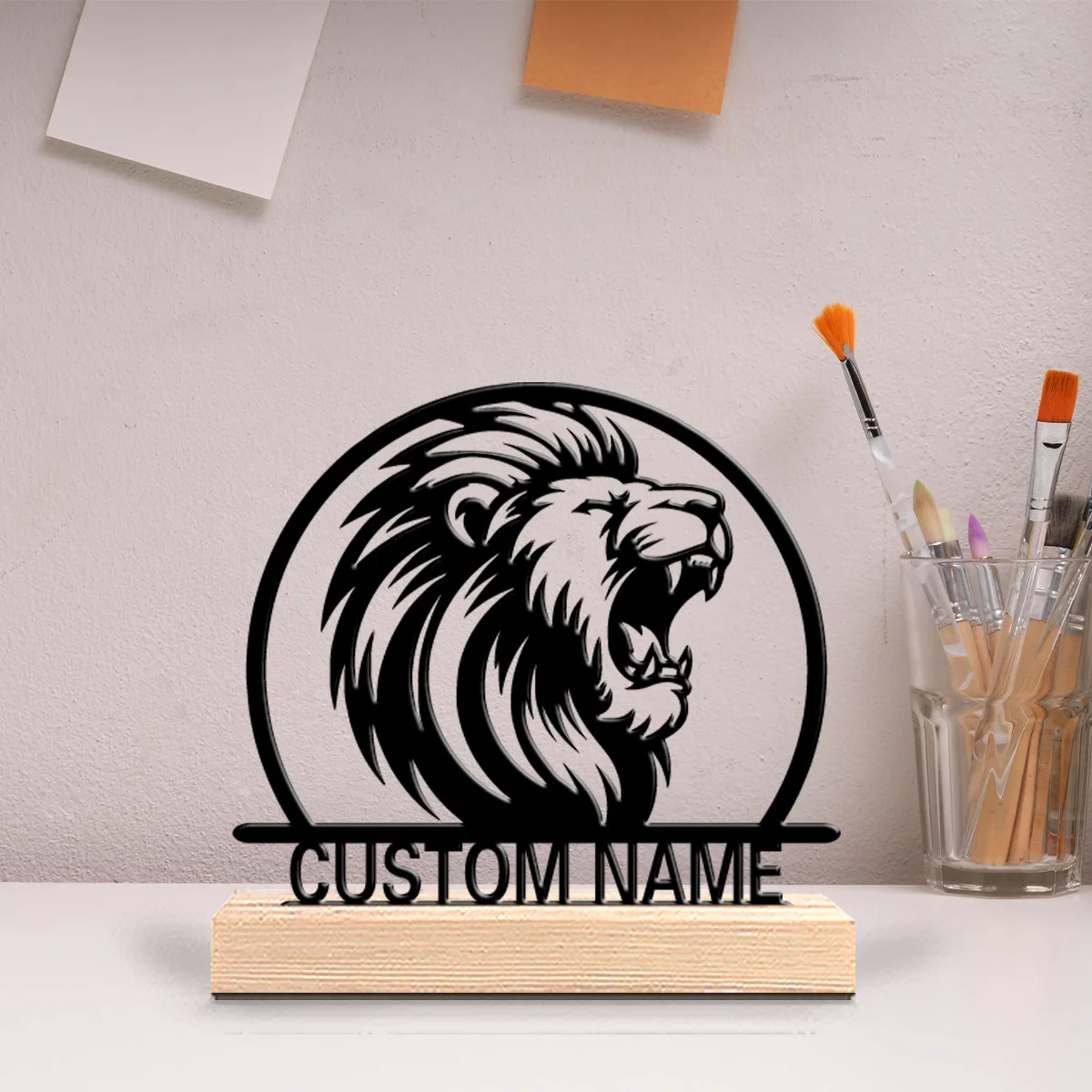 Estatuas de león de metal personalizadas, escultura de escritorio con base de madera, adecuada para entusiastas de los animales, 1 ud.