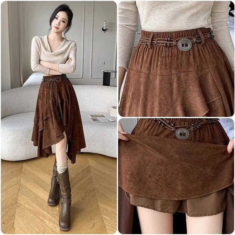 

French Ruffle Edge Laminated Velvet Skirt Women High Waist Irregular A Word Fluffy Medium and Long Anti-light Korean Style