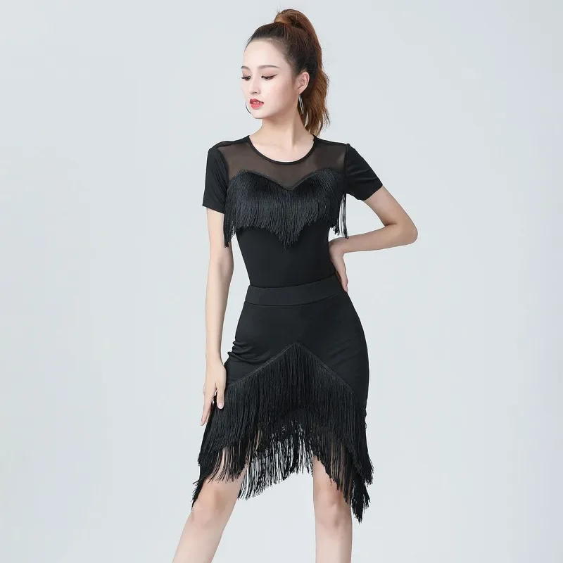 New High-end Slim Short Sleeve Irregular Tassel Skirt Practice Clothing Latin Dance Wear for Female Adults 2024 Four Seasons