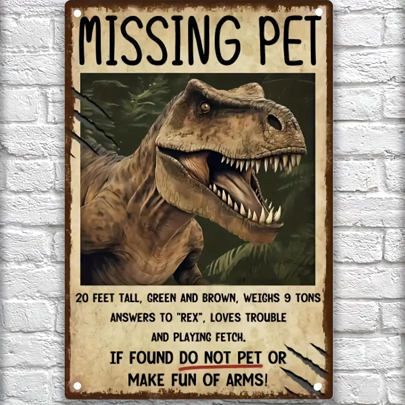 CIFBUY Missing Pet Dinosaur Funny Metal Sign 30x20 cm | Retro Vintage Outdoor Garden Pub Home Decor,Prehistoric Dino Room Wall